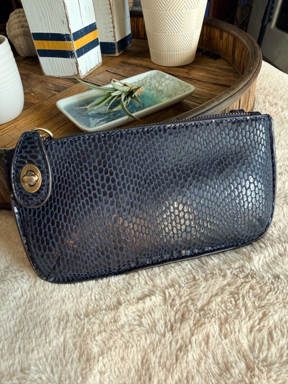 Joy Susan Snakeskin Embossed Clutch Crossbody Wristlet Navy NWT 2 Straps